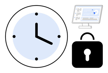 Clock symbolizing time focus, secure lock for privacy, and analytics screen for data visualization. Ideal for productivity, cybersecurity, scheduling, efficiency, analytics, workflow minimalistic