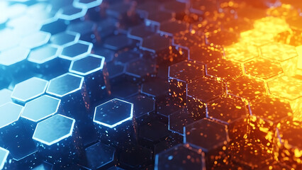 Abstract hexagonal grid with contrasting blue and orange light effects