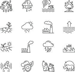 Set of environmental issues and problems icons depicting pollution deforestation global warming and endangered species in a simple line drawing style