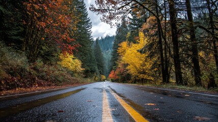 Scenic winding road through vibrant autumn forest in oregon with colorful fall foliage, golden leaves covering the roadside, and soft sunlight filtering through trees creating a peaceful natural lands