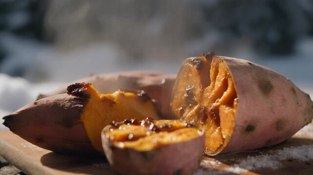 Roasted Sweet Potato A Delicious and Healthy Treat on a Wooden Board with Blurred Background