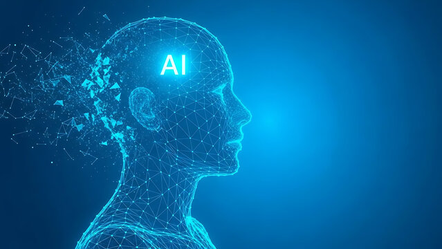 Abstract digital human head with ai symbol glowing inside