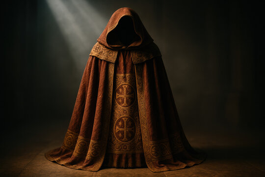 Mysterious hooded figure in ornate robe, illuminated by dramatic lighting