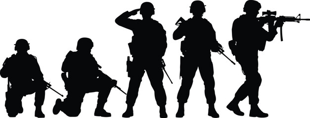 Five black silhouette soldiers in various poses with rifles