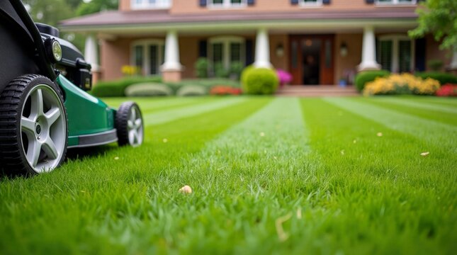 Lawnmower on a perfectly striped green lawn in front of a suburban house