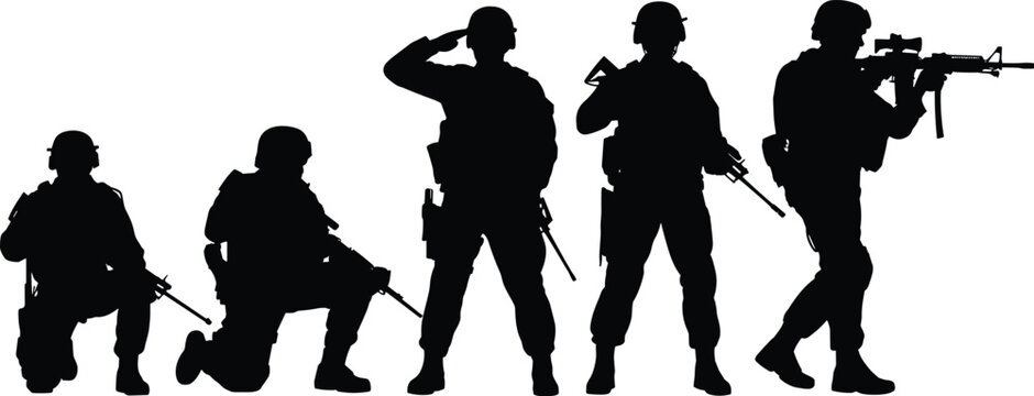 Five black silhouette soldiers in various poses with rifles