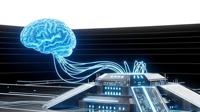 Futuristic glowing brain connected to a technological structure