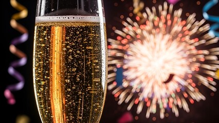 A champagne flute in focus, with fireworks and streamers blurred in the background