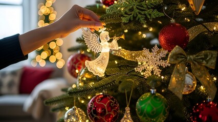 Hand decorating a lit green tree with ornaments, including an angel figure