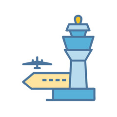 Airport control tower and plane in modern graphic style