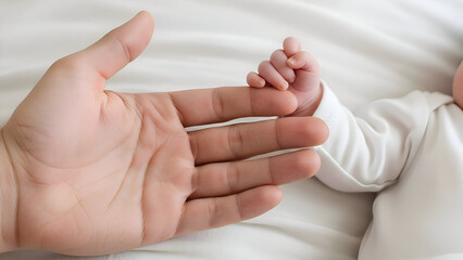 Heartwarming connection between parent and newborn baby, tiny hand grasping finger, symbol of love, family bonds, and new beginnings, pure innocence