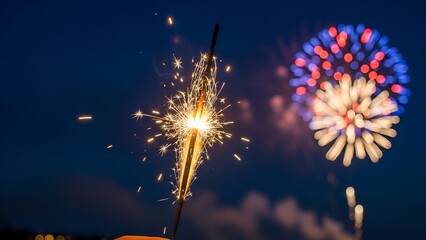 A hand holds a lit sparkler as fireworks burst in the night sky
