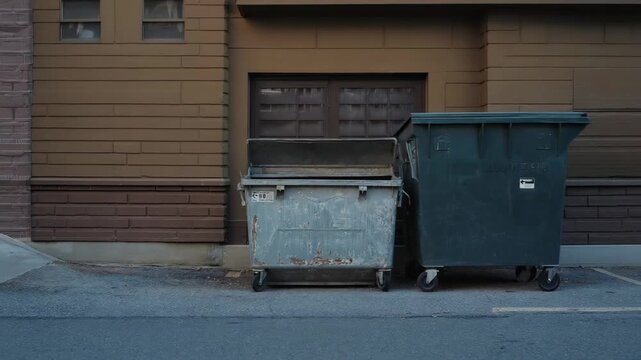 Composite sequence of two large dumpsters in an urban alleyway. Waste management containers behind a commercial building for establishing shots or gritty backgrounds
