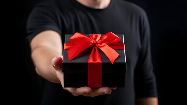 Elegant black gift box with vibrant red ribbon presented with care for special occasions and heartfelt celebrations, adding a touch of luxury