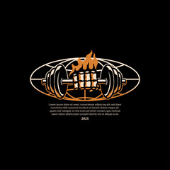 Fototapeta premium A dynamic graphic illustration on a black background, showcasing a flaming fist intensely gripping a dumbbell, encircled by an abstract global grid. This powerful design symbolizes strength, determina