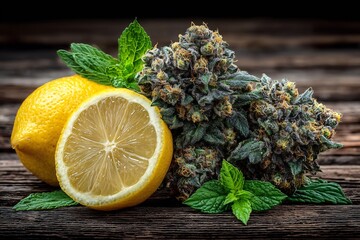 Lemon Haze Cannabis bud with lemon and mint on rustic wood background.