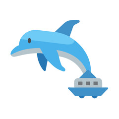 Blue dolphin jumping over a stylized building cartoon illustration