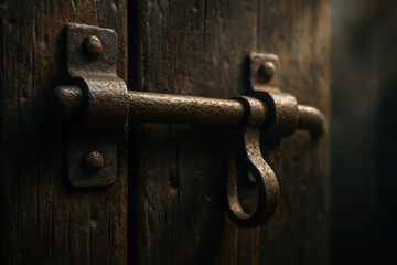 Close-up of an old, rusty metal door latch on a weathered wooden door