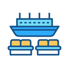 Blue cruise ship with yellow cabin icon illustration