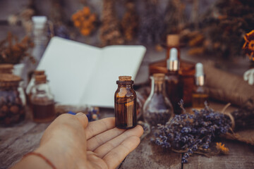 Medicinal herbs and tinctures homeopathy. Selective focus.