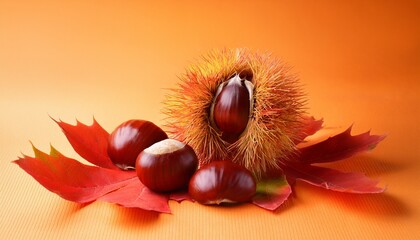 Still Life Of Chestnuts In Spiky Shells And Red Autumn Leaves On An Orange Colored Background