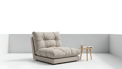 A comfy neutral-toned sofa-bed with a small table, book, and mug in a modern white room