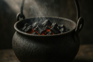 Glowing charcoal in a rustic iron cauldron with rising smoke