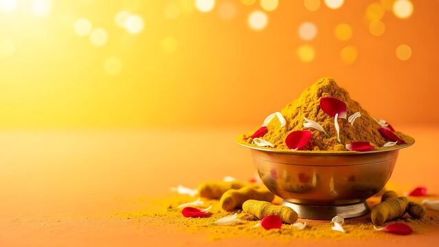 Traditional indian haldi ceremony powder and petals in a decorative bowl
