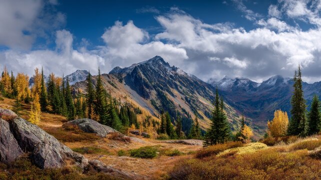 Panoramic autumn mountain landscape with colorful fall foliage, rolling hills, and crisp clear sky creating serene outdoor scenery - Powered by Adobe