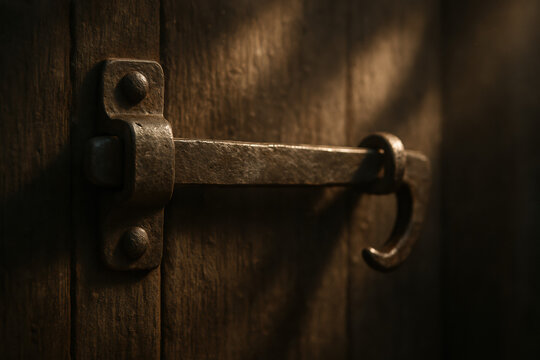 Close-up of a rustic metal latch on a weathered wooden door - Powered by Adobe