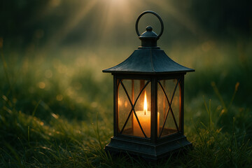 Glowing candle lantern in a field of green grass at sunset