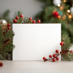 Christmas Pine Branches with Red Berries on White Background with Copy Space