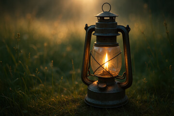 Vintage lantern glowing in a field at sunset, creating a warm, inviting atmosphere