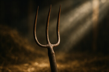 Close-up of an old rusty pitchfork in a barn with light rays
