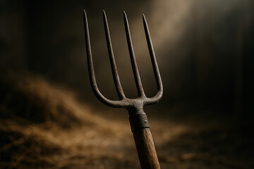 Rustic pitchfork with wooden handle against a blurred background