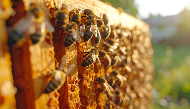 Bees cluster around a wooden honeycomb frame filled with golden hexagonal cells, bathed in warm, diffused sunlight