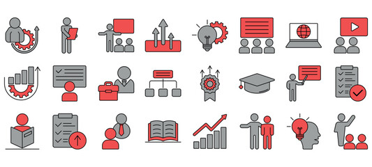 Flat solid upskill icon set featuring training, learning, course, certificate, growth, and online class. Ideal for UI, apps, and education.
