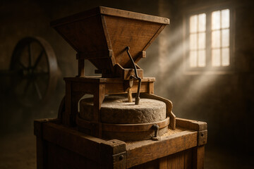 Antique wooden grist mill in a rustic, sunlit interior