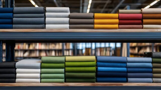 9Close-up of layered fabrics in rich jewel colors, organized in perfect symmetry on wide metal shelves, industrial background softly blurred
