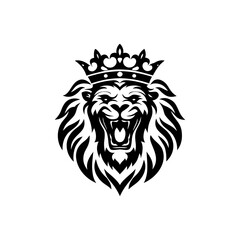 Obraz premium Majestic roaring lion head with an ornate crown, symbolizing strength, leadership, and royal authority in a striking monochrome illustration