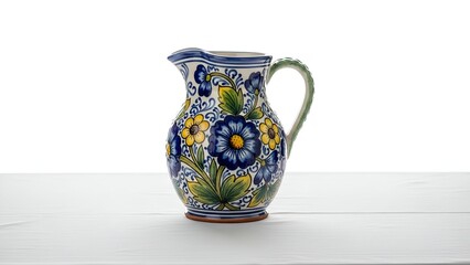 Ceramic pitcher with blue and yellow floral design, green handle, on white surface