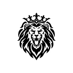 Fototapeta premium Black and white vector illustration of a majestic roaring lion head with a royal crown, symbolizing power and strength