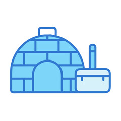 Stylized illustration of an igloo with snow shovel icon
