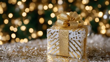 22A luxurious golden gift box sits at the center, exploding with shimmering confetti and glowing sparkles under festive lights, symbolizing pure joy and celebration - Powered by Adobe