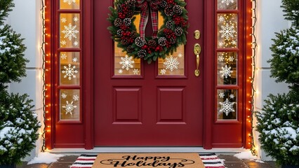 A red door with festive decor wreath, lights, snowflakes, and a "Happy Holidays" mat