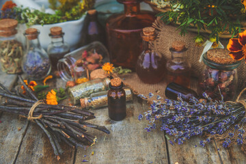 Medicinal herbs and tinctures homeopathy. Selective focus.