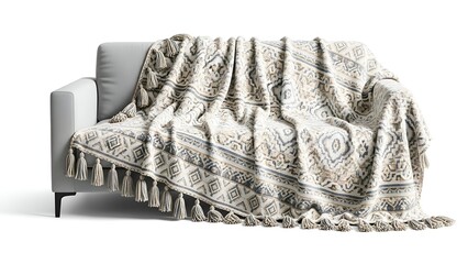 A white sofa draped with a patterned blanket, tassels hang at the edges