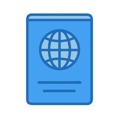Blue passport icon with globe illustration on the cover