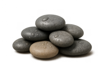 Smooth spa stones stacked with water drops, symbolizing balance, zen, relaxation, and wellness on a transparent background