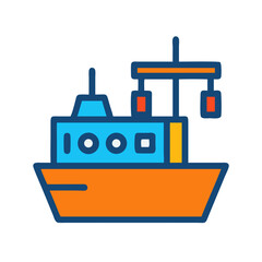 Stylized fishing boat icon with vivid colors on black